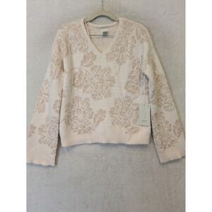 Joie Womens Small Cream Tan Floral Metallic V-Neck Fuzzy Pullover Sweater NWT